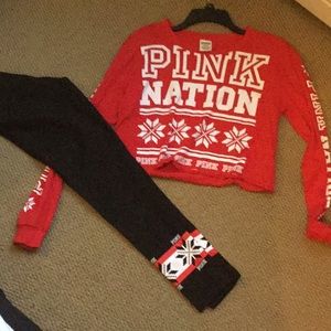 VS PINK holiday cropped shirt and leggings bundle